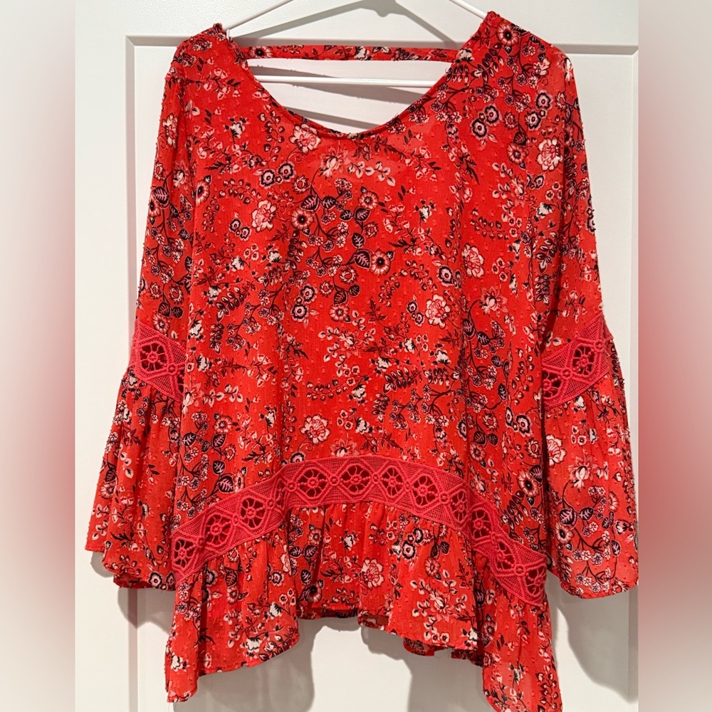 New Directions Red Floral Blouse with Lace Accents